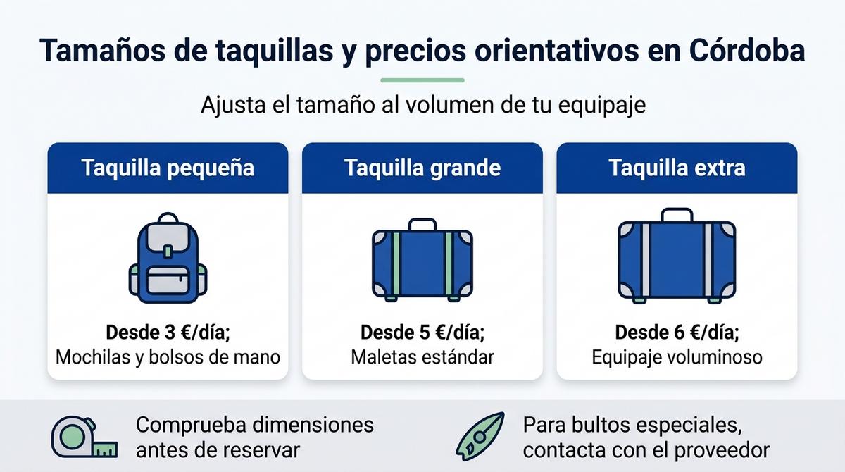 Infografía con tamaños de taquillas, tarifas orientativas y recomendaciones para bultos especiales en Córdoba.