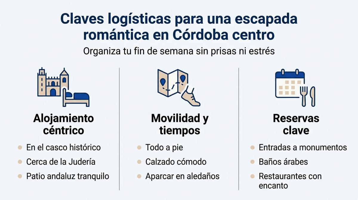 Infografía con tres columnas que resumen alojamiento, movilidad y reservas para un fin de semana romántico en Córdoba centro.