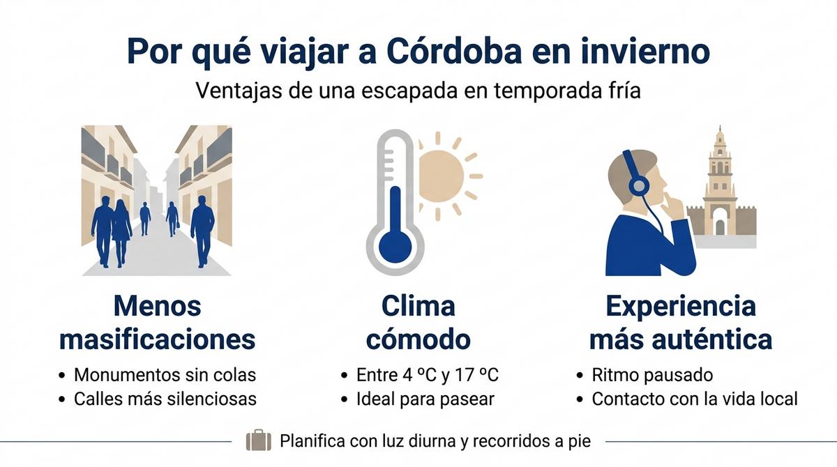 Infografía con tres columnas que resumen las ventajas de viajar a Córdoba en invierno.