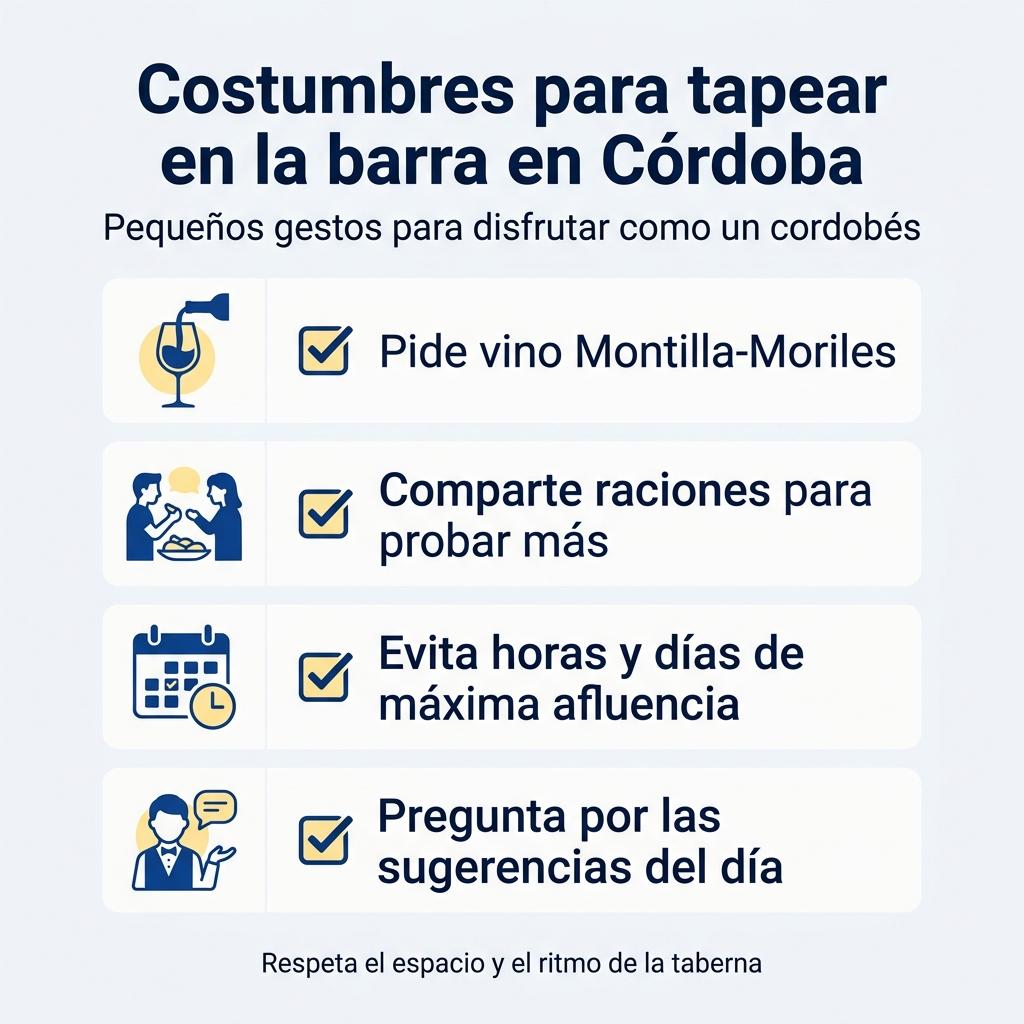 Infografía con un checklist de costumbres para tapear en la barra en Córdoba.