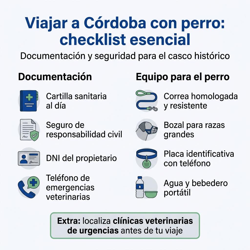 Infografía con una checklist de documentación y equipo básico para viajar a Córdoba con perro.