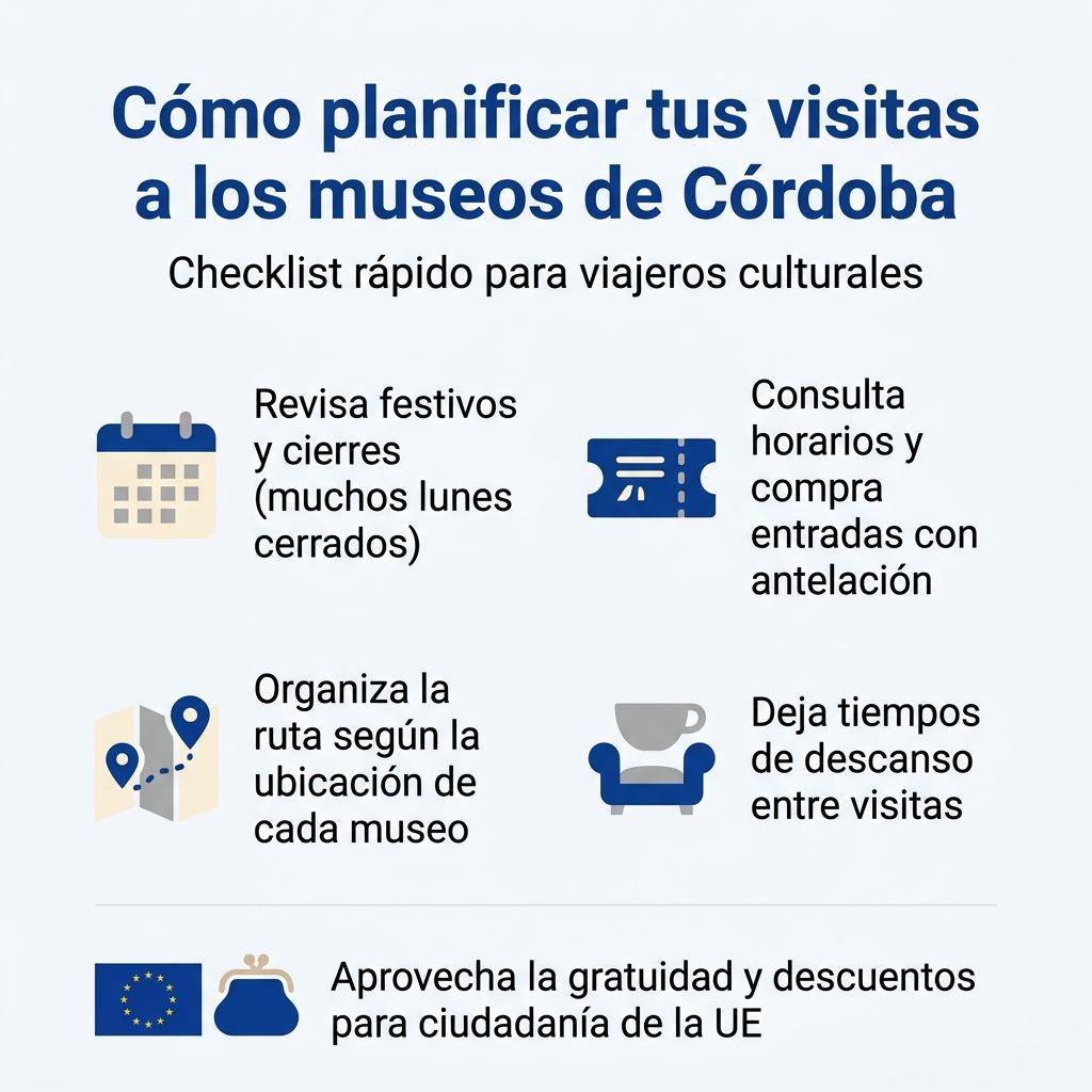 Infografía con una checklist de pasos para planificar visitas a los museos de Córdoba