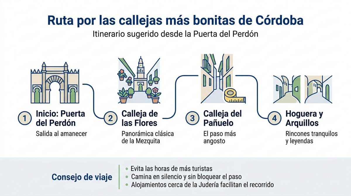 Infografía con una ruta paso a paso por las callejas más bonitas de Córdoba desde la Puerta del Perdón.