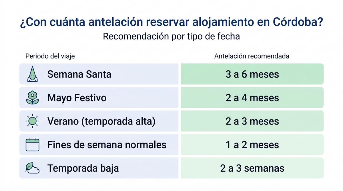 Infografía con una tabla que muestra la antelación recomendada para reservar alojamiento en Córdoba según la época del año.