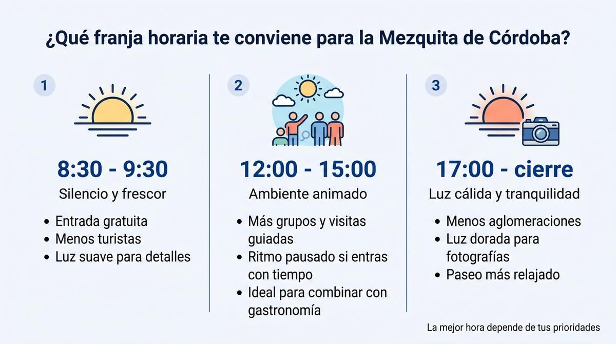 Infografía que compara las ventajas de visitar la Mezquita de Córdoba por la mañana temprano, al mediodía y por la tarde