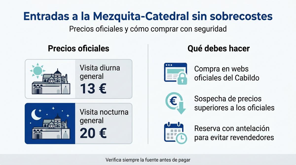 Infografía que muestra los precios oficiales de las entradas a la Mezquita-Catedral de Córdoba y consejos para evitar sobrecostes.