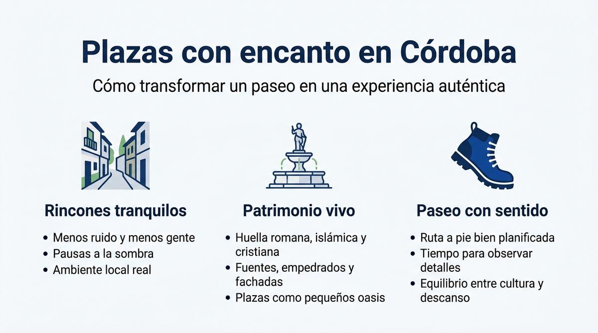 Infografía que resume los beneficios de recorrer las plazas con encanto de Córdoba de forma tranquila y auténtica.