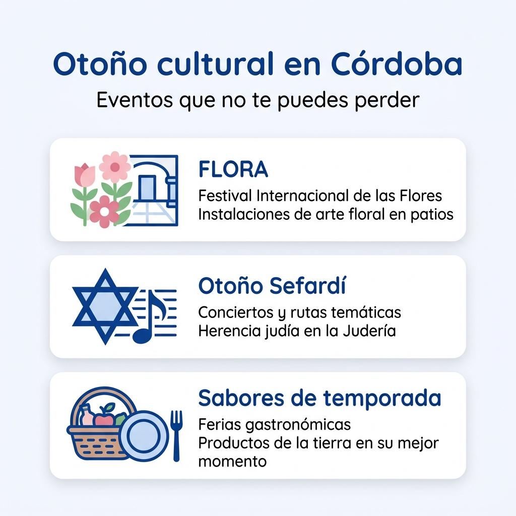 Infografía sobre el otoño cultural en Córdoba con información de FLORA, Otoño Sefardí y ferias gastronómicas