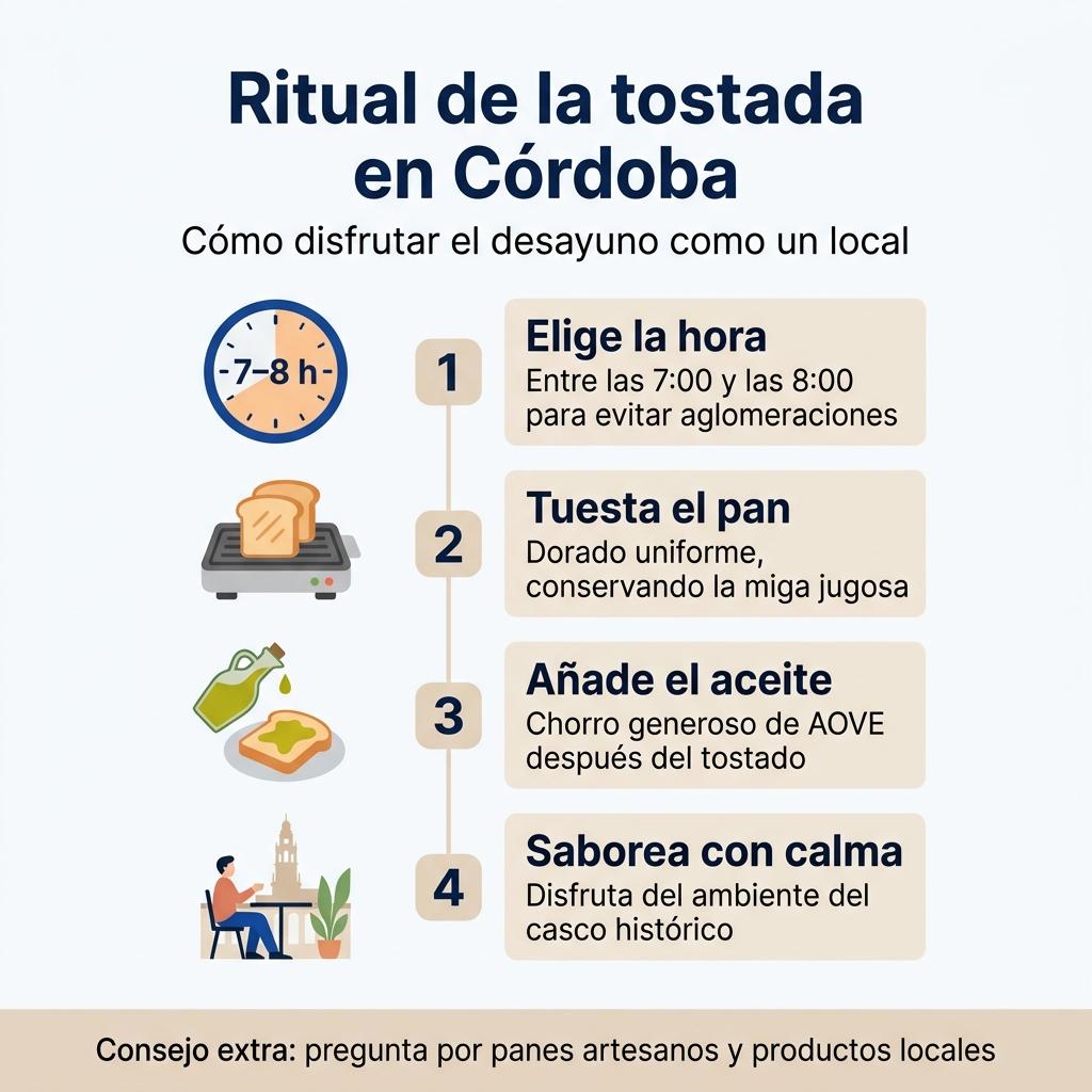 Infografía sobre los pasos del ritual de la tostada y el horario recomendado para desayunar en Córdoba.