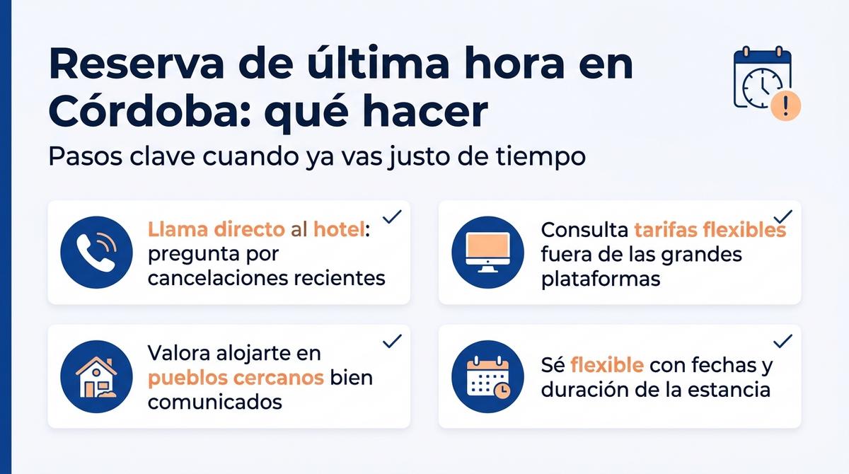 Infografía tipo checklist con consejos para gestionar reservas de alojamiento de última hora en Córdoba.