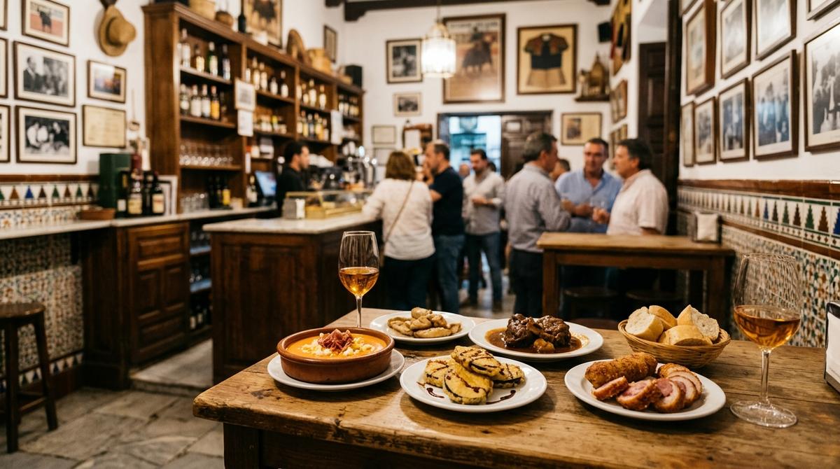 Mesa con varias tapas típicas cordobesas y copas de vino en el interior de una taberna tradicional.