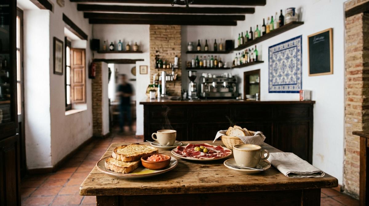 Mesa preparada para desayunar con tostadas y café en el interior de una taberna tradicional de la Judería de Córdoba.