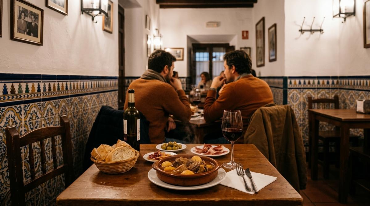 Mesa servida con platos de guiso y vino en una taberna tradicional de la Judería de Córdoba