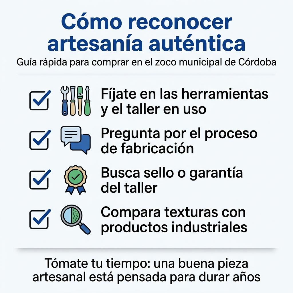 Checklist visual con consejos para identificar artesanía auténtica en el zoco municipal de Córdoba.