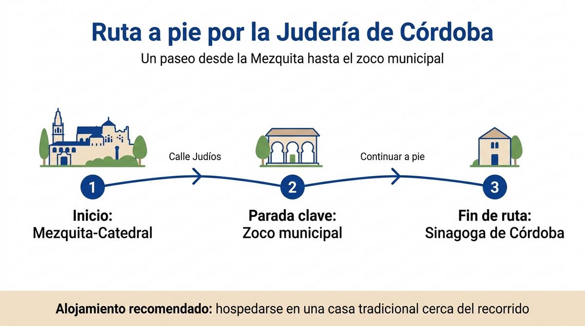 Diagrama de la ruta a pie por la Judería de Córdoba desde la Mezquita al zoco municipal y la Sinagoga.