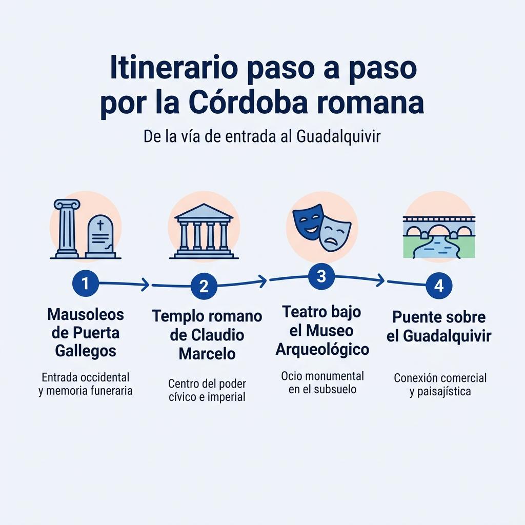 Diagrama del itinerario paso a paso por cuatro paradas principales de la Córdoba romana desde la entrada occidental hasta el río