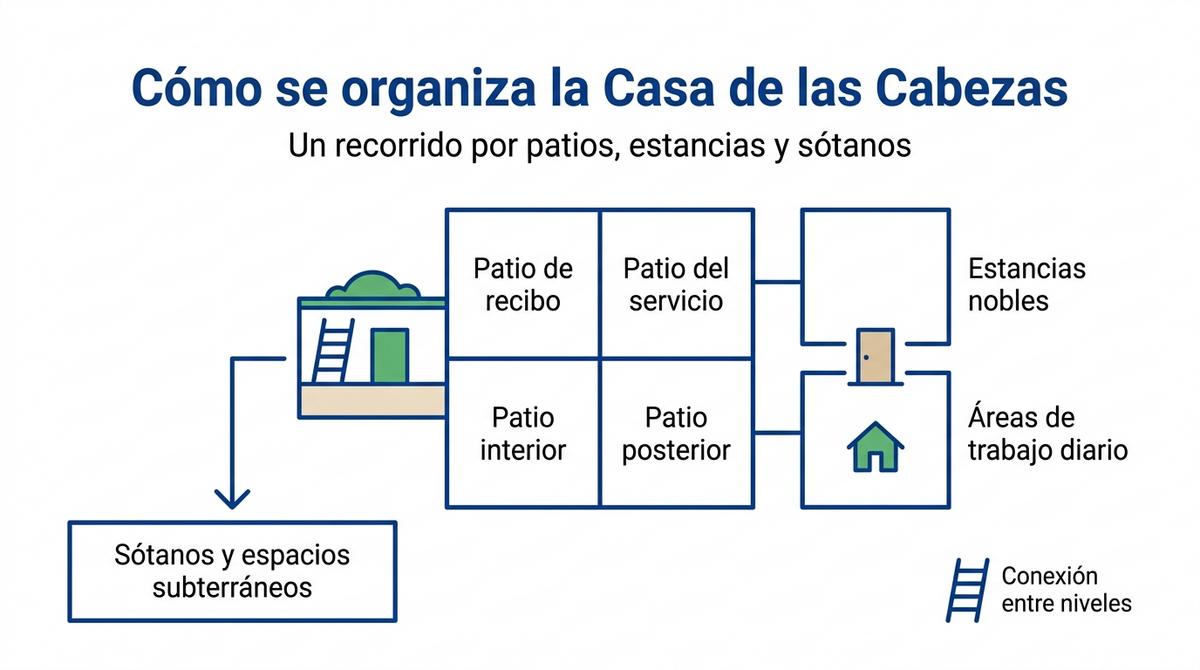 Diagrama esquemático que muestra la organización de patios, estancias nobles y sótanos en la Casa de las Cabezas.