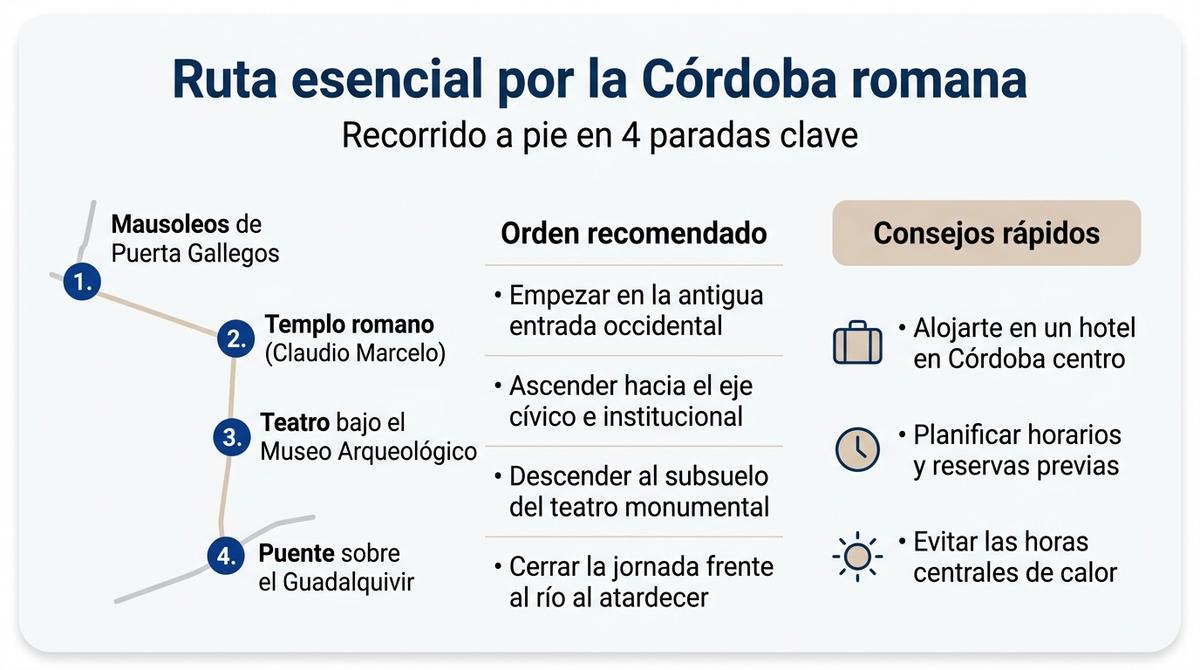 Esquema visual de la ruta a pie por cuatro puntos principales de la Córdoba romana con consejos rápidos de visita