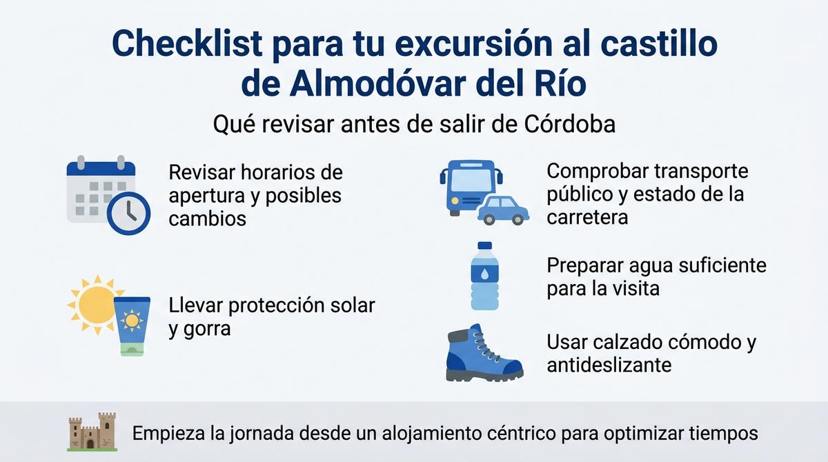 Infografía con checklist visual de consejos logísticos para visitar el castillo de Almodóvar del Río desde Córdoba.