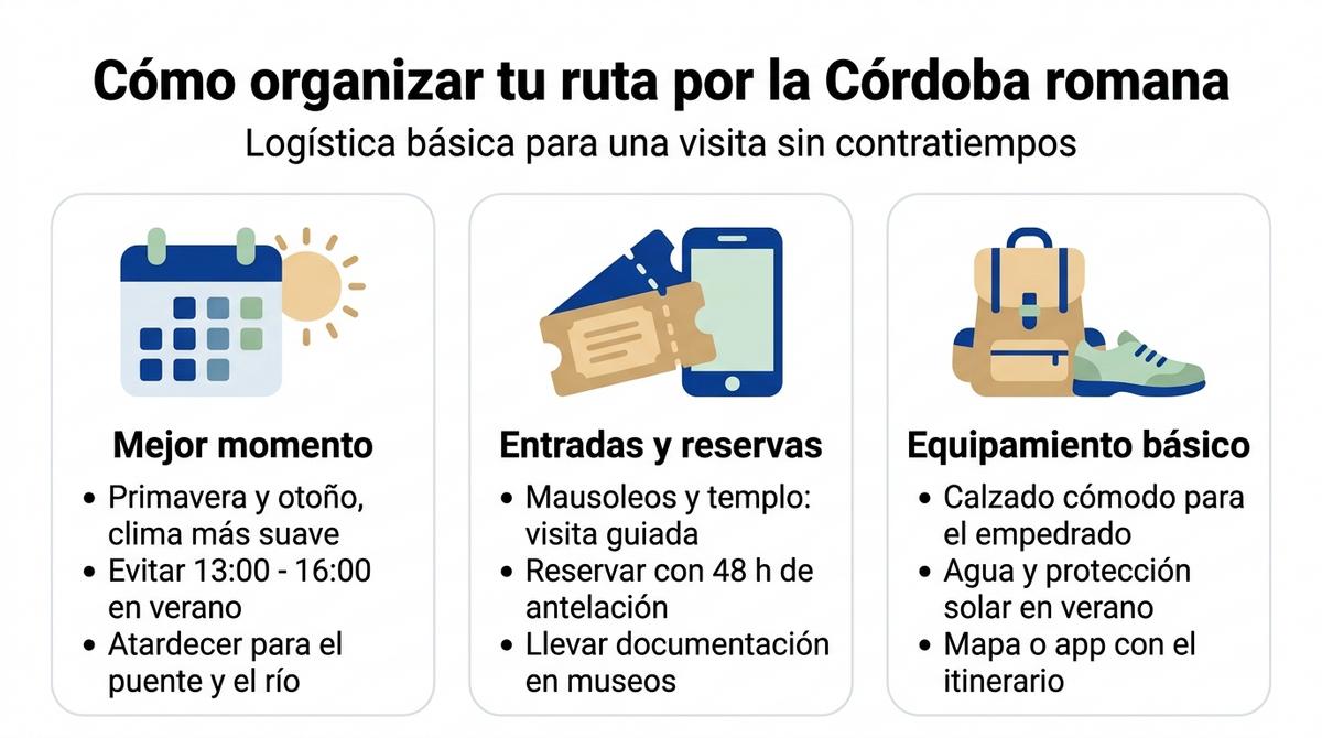 Infografía con checklist visual para organizar una ruta por la Córdoba romana con consejos de horarios, reservas y equipamiento