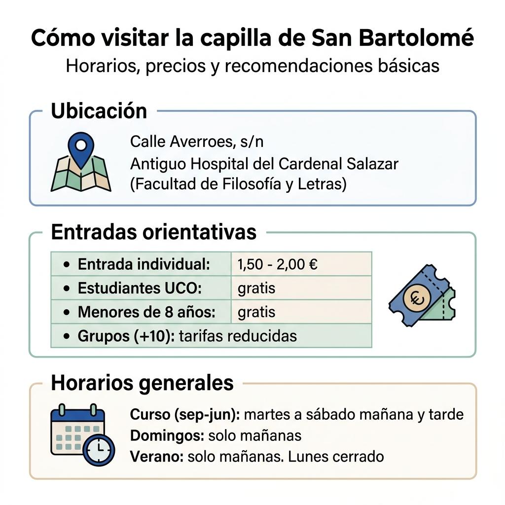 Infografía con ubicación, precios de entrada y horarios orientativos para visitar la capilla de San Bartolomé de Córdoba.