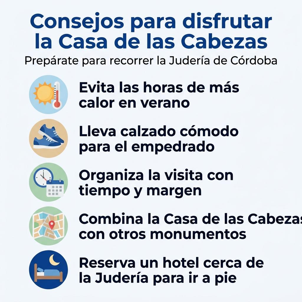 Infografía con una checklist de consejos para visitar la Casa de las Cabezas y la Judería de Córdoba, como evitar el calor y usar calzado cómodo.
