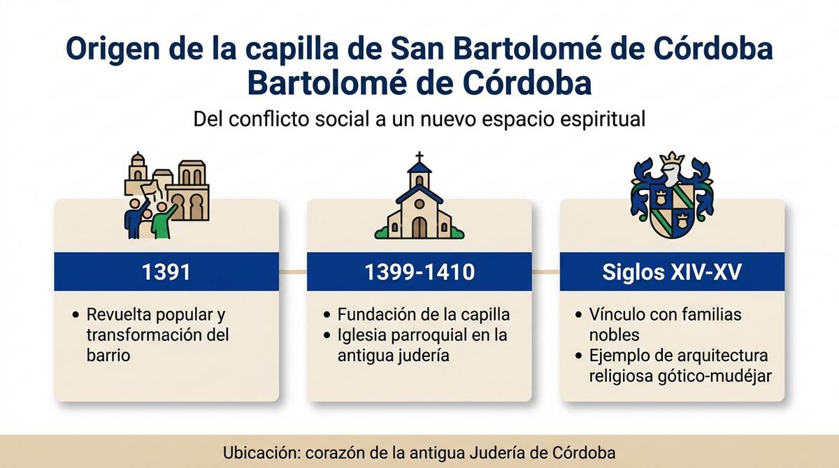 Infografía cronológica sobre el origen y la fundación de la capilla de San Bartolomé de Córdoba.