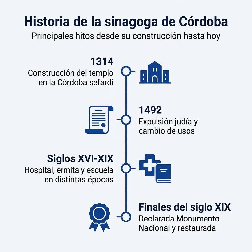 Infografía en forma de línea de tiempo con los principales hitos históricos de la sinagoga de Córdoba.