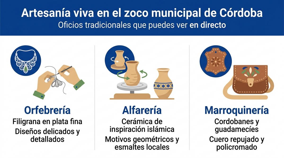 Infografía que muestra los principales oficios artesanales del zoco municipal de Córdoba: orfebrería, alfarería y marroquinería.