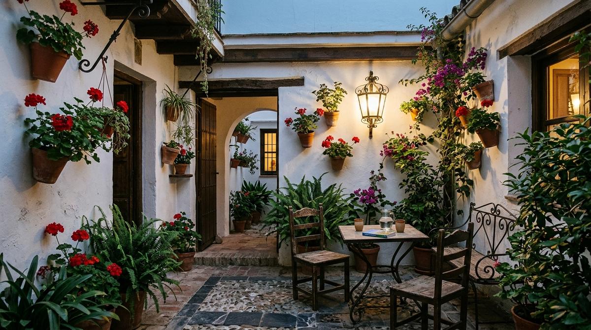 Patio cordobés tradicional iluminado al anochecer con macetas y zona de descanso