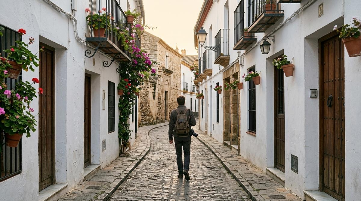 Persona caminando sola por una calle empedrada y encalada de la Judería de Córdoba al amanecer.