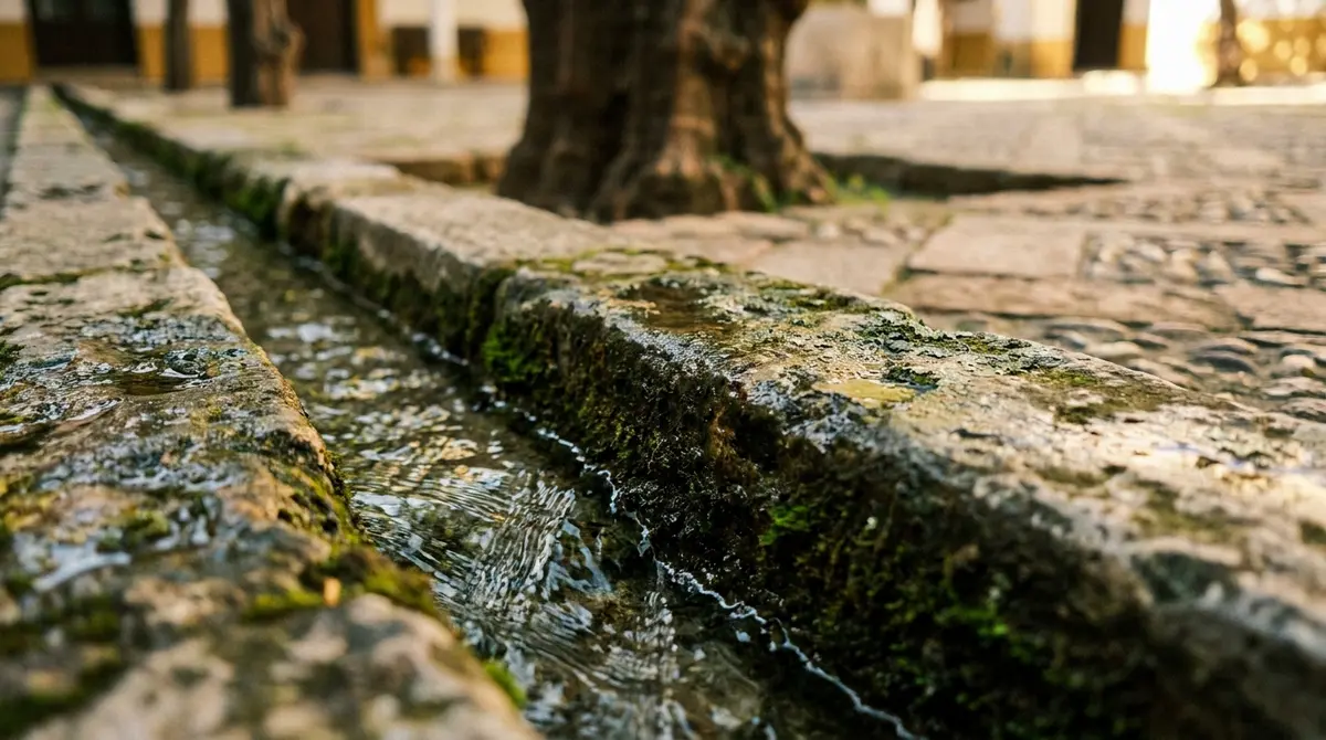 Detalle del canal de agua tradicional de piedra junto a los naranjos en Córdoba.