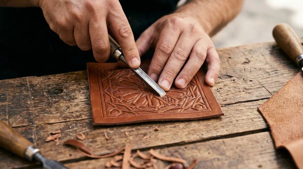Plano detalle de las manos de un artesano labrando cuero cordobán con técnicas tradicionales en un taller del Zoco de Córdoba