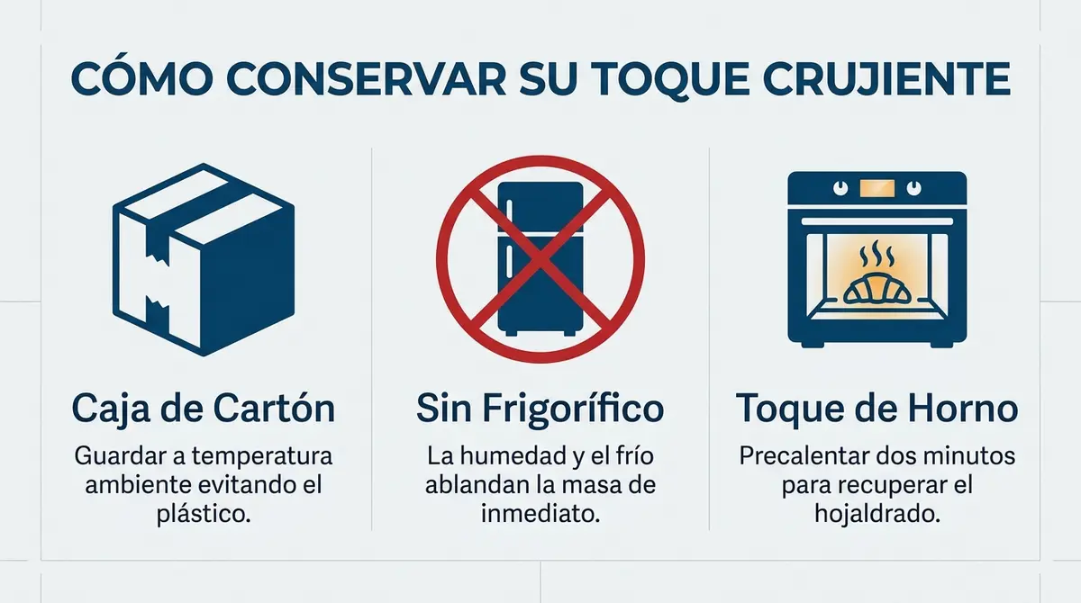 Infografía de tres pasos con las normas esenciales de conservación para mantener crujiente el hojaldre del pastel cordobés.