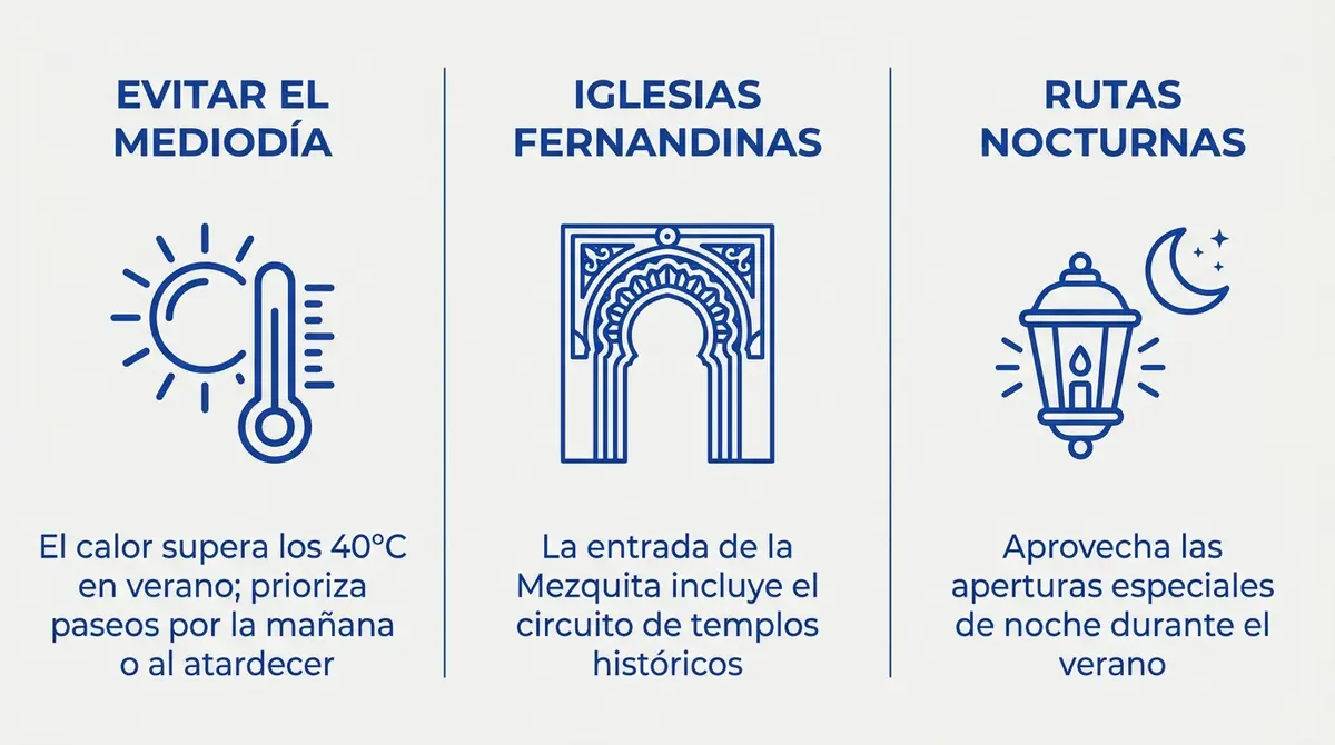 Infografía con tres consejos prácticos para visitar el barrio de la Axerquía de Córdoba sin pasar calor.