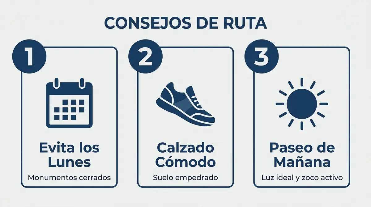 Esquema con 3 consejos prácticos para realizar la ruta mudéjar a pie por Córdoba de forma cómoda y organizada