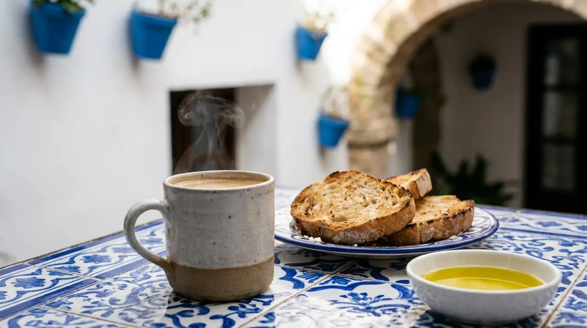 Desayuno tradicional andaluz servido en un patio cordobés típico con azulejos azules y macetas colgadas en la pared blanca.