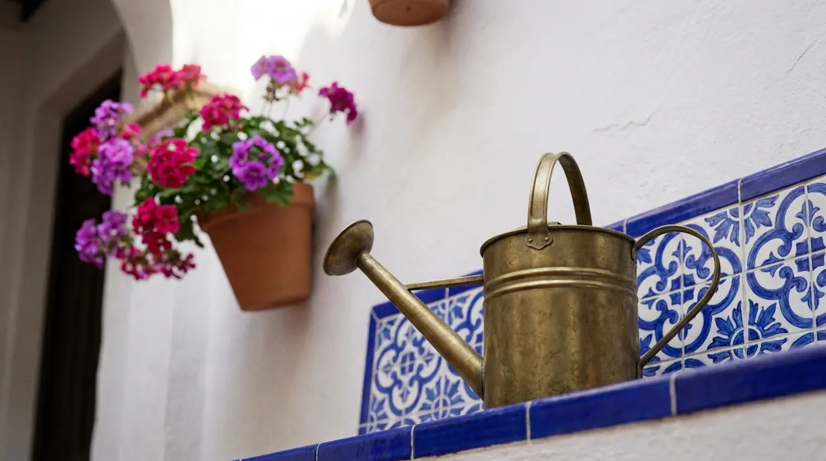 Plano de detalle de un patio cordobés tradicional con macetas de gitanillas fucsias y azulejos andaluces.