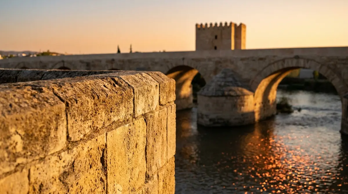 Fotografía de detalle de los sillares de piedra caliza dorada del Puente Romano de Córdoba durante la puesta de sol con el río de fondo.