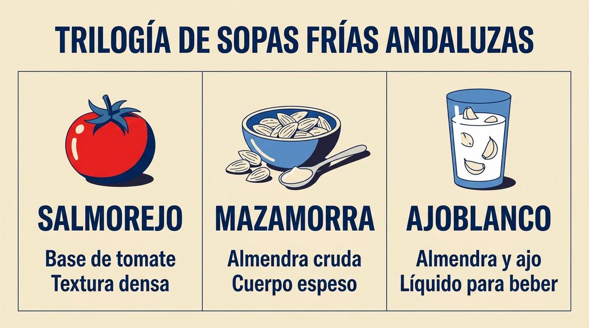 Infografía comparativa entre mazamorra, salmorejo y ajoblanco