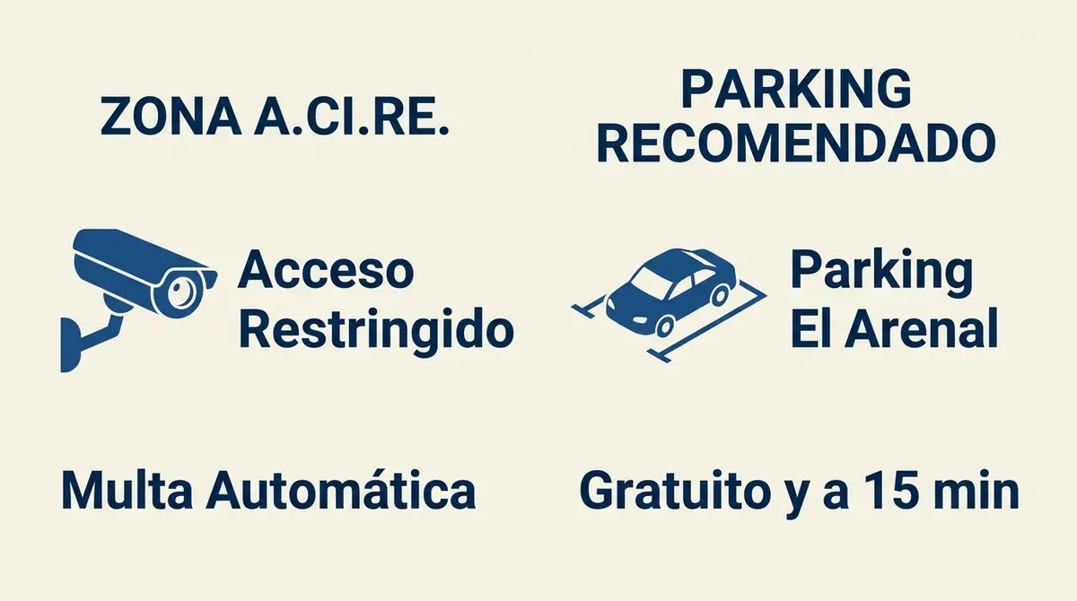 Infografía informativa sobre el acceso ACIRE y el parking gratuito El Arenal en Córdoba