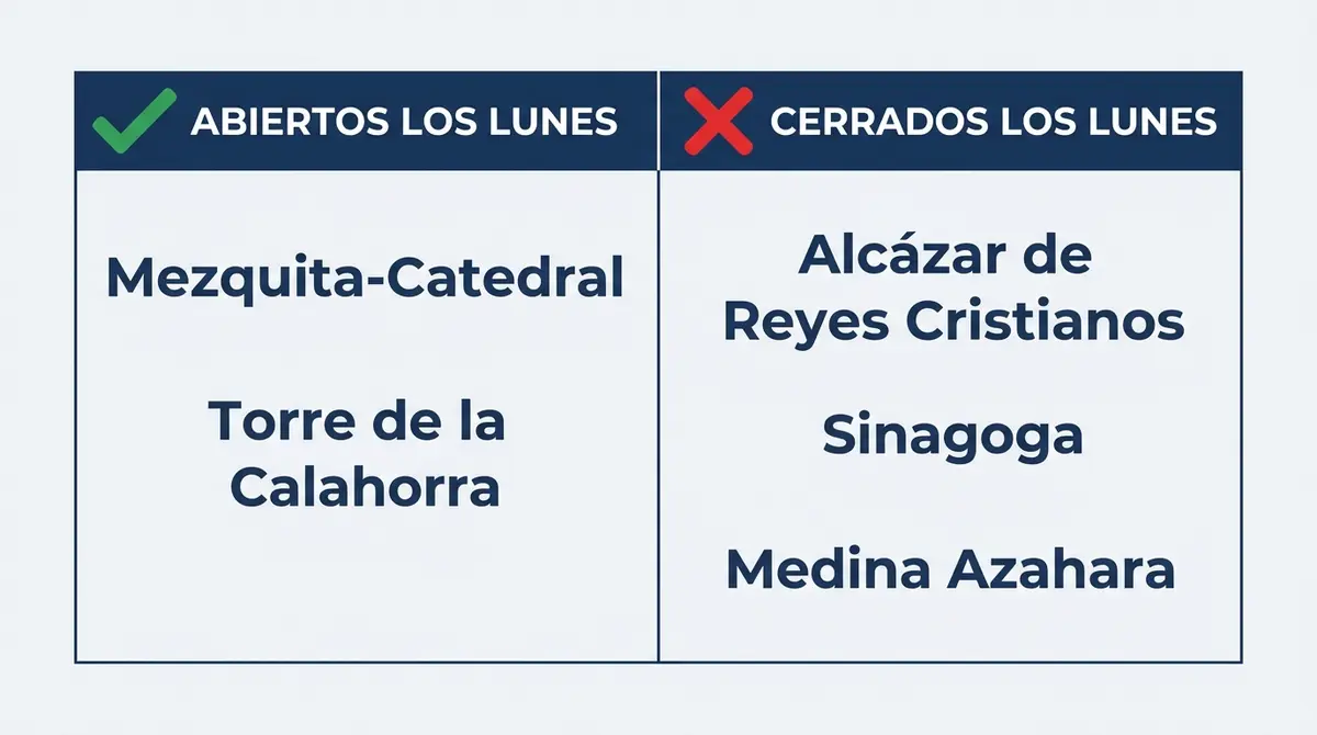 Tabla comparativa de monumentos abiertos y cerrados los lunes en Córdoba
