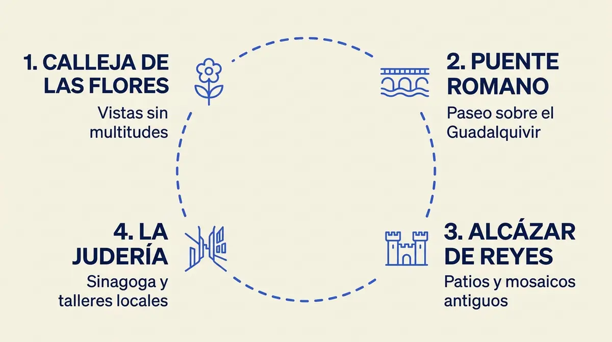 Infografía con el mapa del itinerario circular de medio día para visitar los monumentos cerca de la Mezquita de Córdoba.