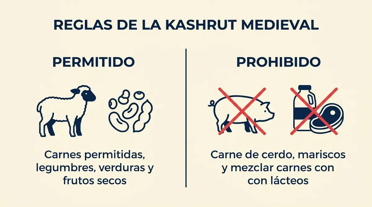 Infografía detallada sobre las leyes de la kashrut en la cocina sefardí medieval de Córdoba.