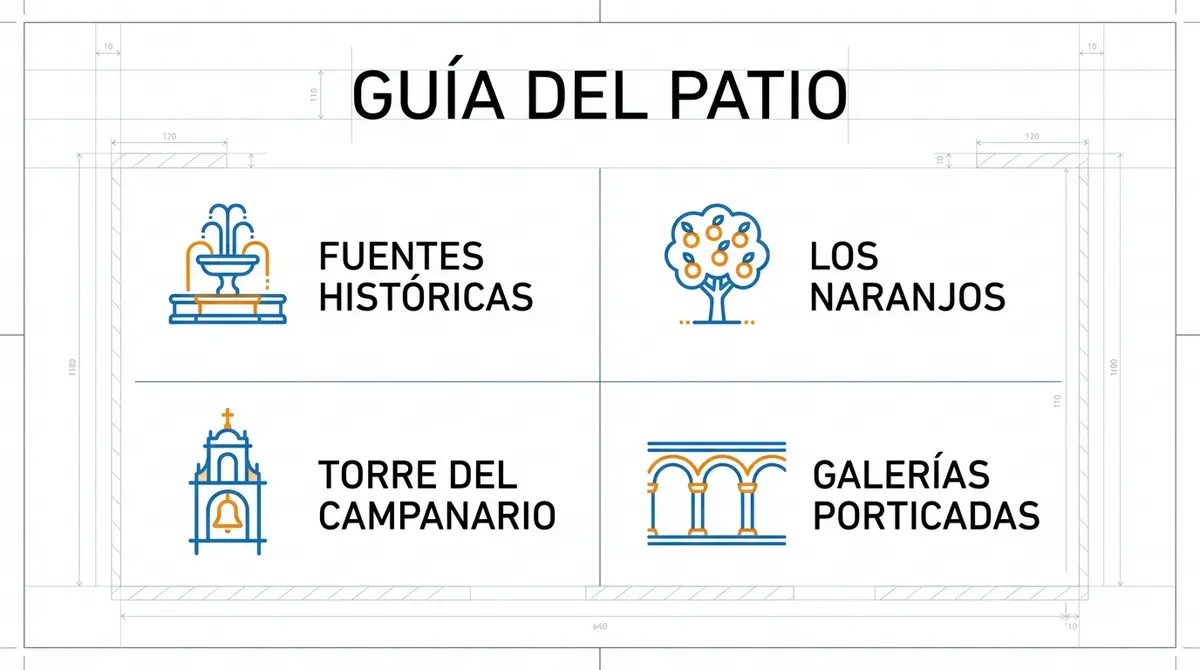 Infografía interactiva con el mapa y los elementos clave del Patio de los Naranjos de Córdoba.