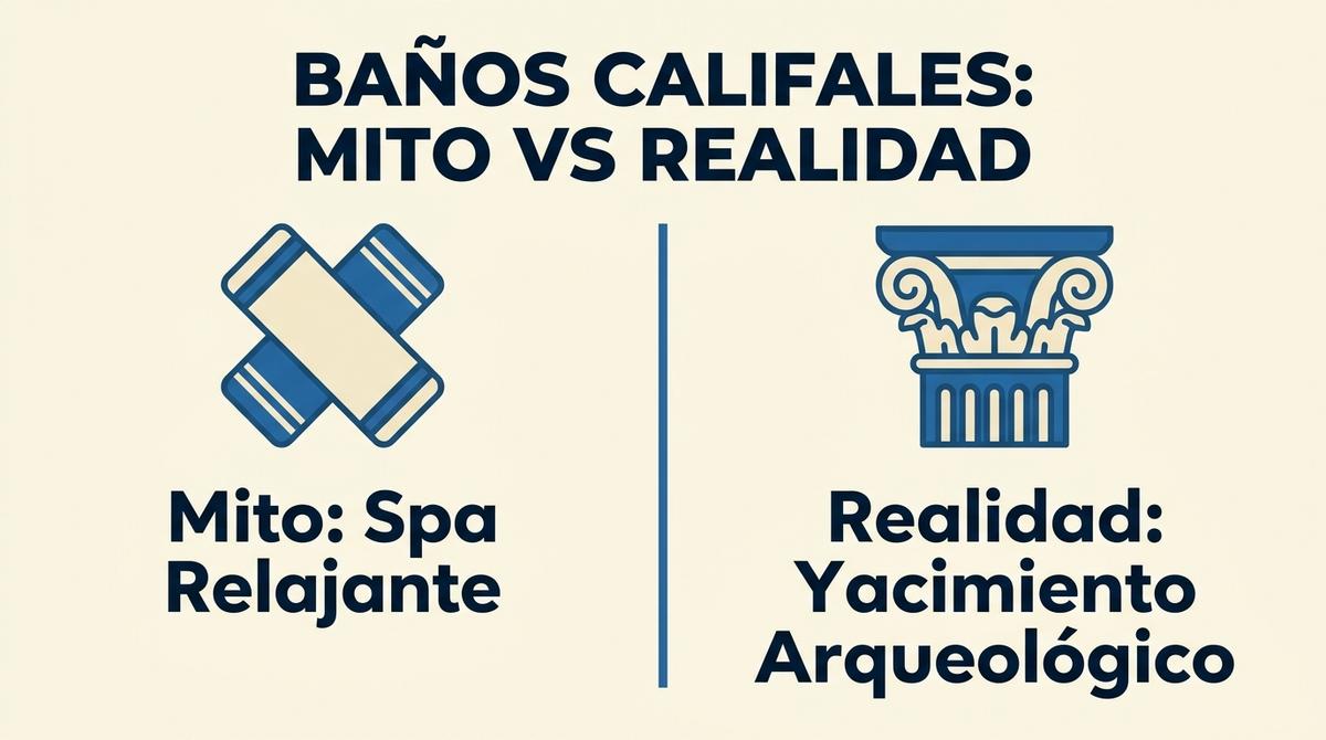 Infografía comparativa entre el mito del spa y la realidad arqueológica de los baños califales.