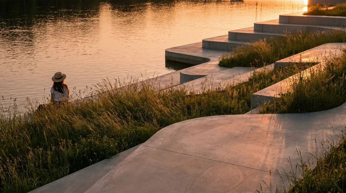 Terrazas escalonadas de hormigón integradas con praderas junto al río al atardecer.