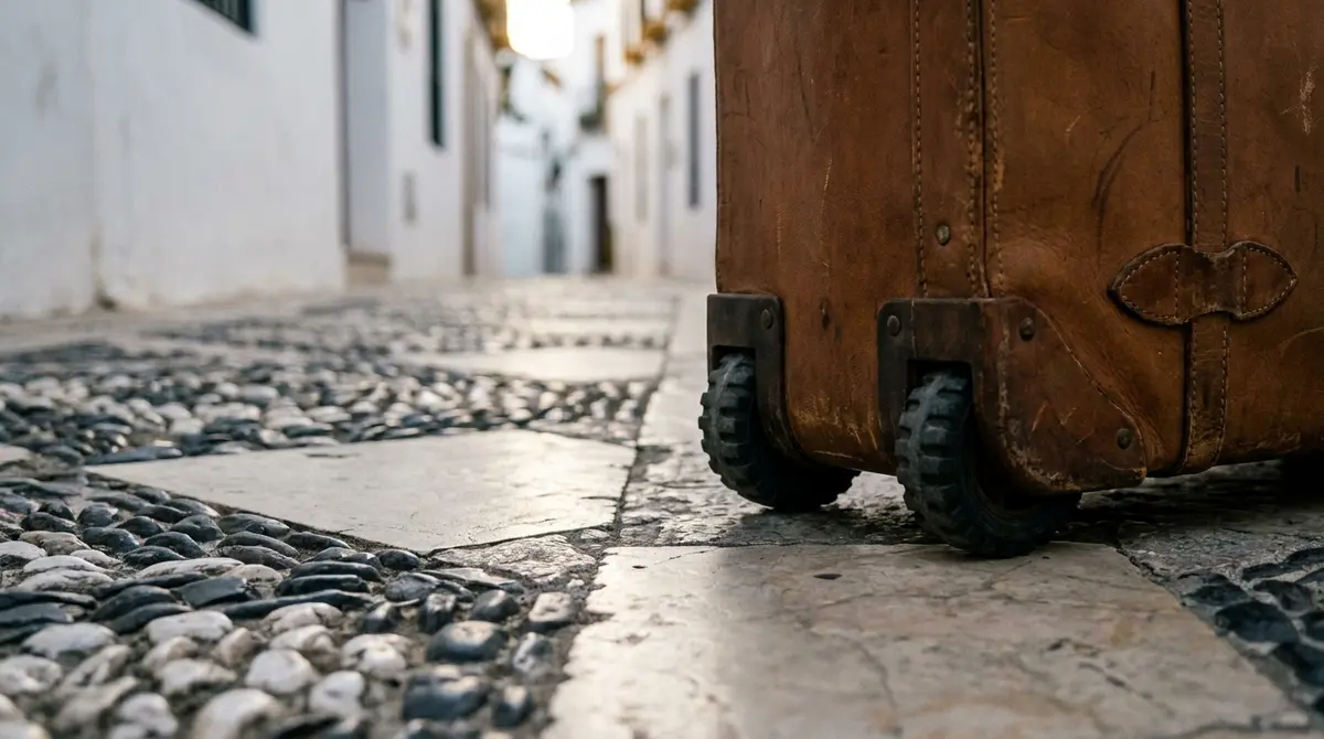 Primer plano del empedrado tradicional de canto rodado en Córdoba con una maleta de viaje clásica
