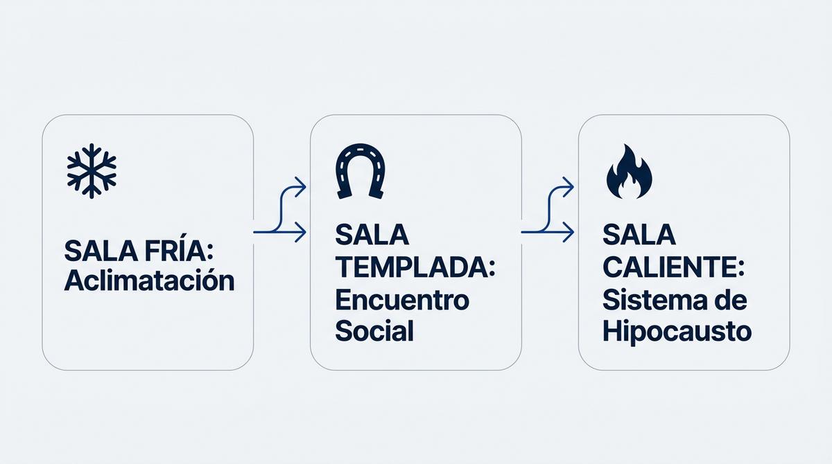 Diagrama del recorrido termal en los baños califales: sala fría, templada y caliente.