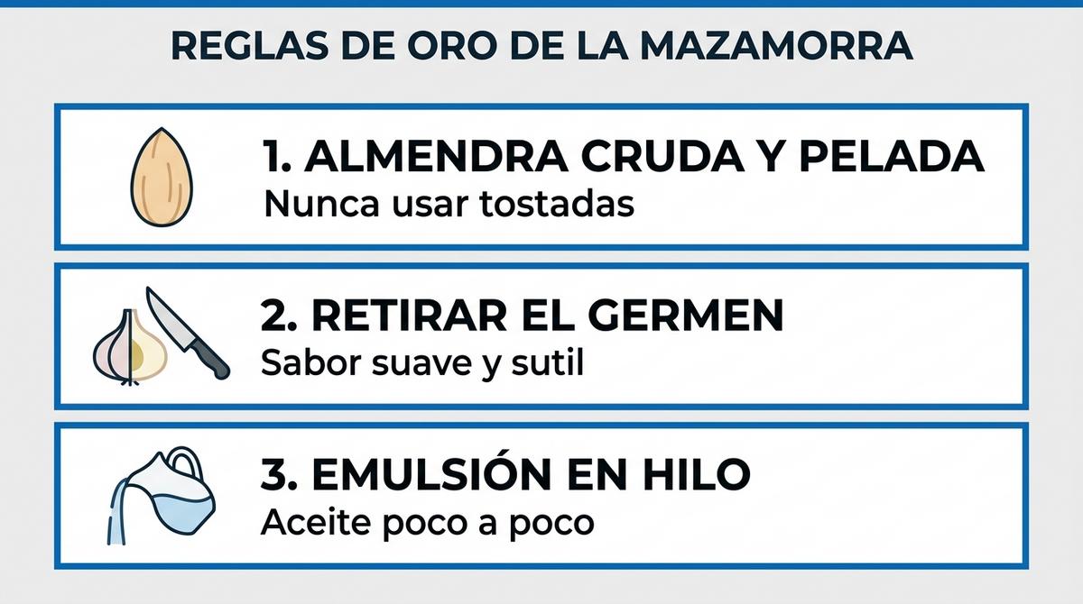 Infografía con los pasos y reglas clave para preparar la mazamorra cordobesa perfecta